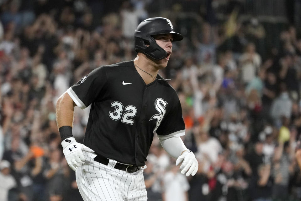 Chicago White Sox's Gavin Sheets yells after hitting his three-run home run off Los Angeles Angels relief pitcher Andrew Wantz during the third inning of a baseball game Tuesday, Sept. 14, 2021, in Chicago. (AP Photo/Charles Rex Arbogast)