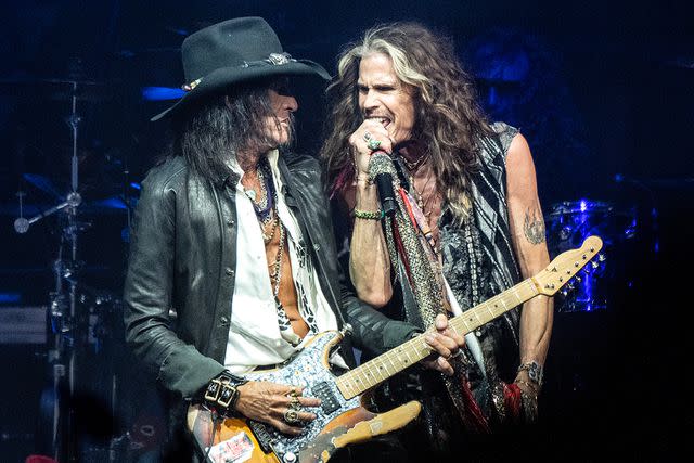 <p> Lisa Lake/Getty </p> Aerosmith's Joe Perry and Steven Tyler perform in 2023