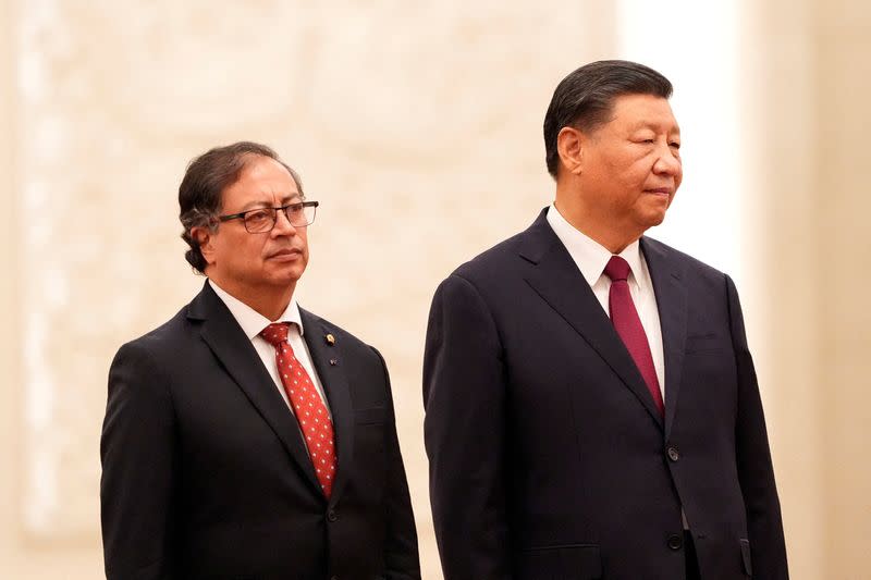 Colombian President Gustavo Petro meets Chinese President Xi Jinping during a welcoming ceremony in Beijing