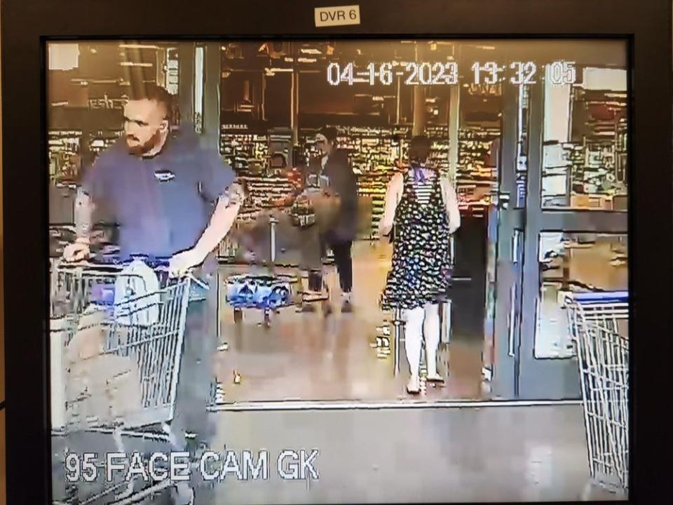 The suspect, seen in a blue shirt pushing a grocery cart, is suspected of striking a man on a motorized scooter while in his vehicle. Central Ohio Crime Stoppers is offering a cash reward for information leading to an arrest.