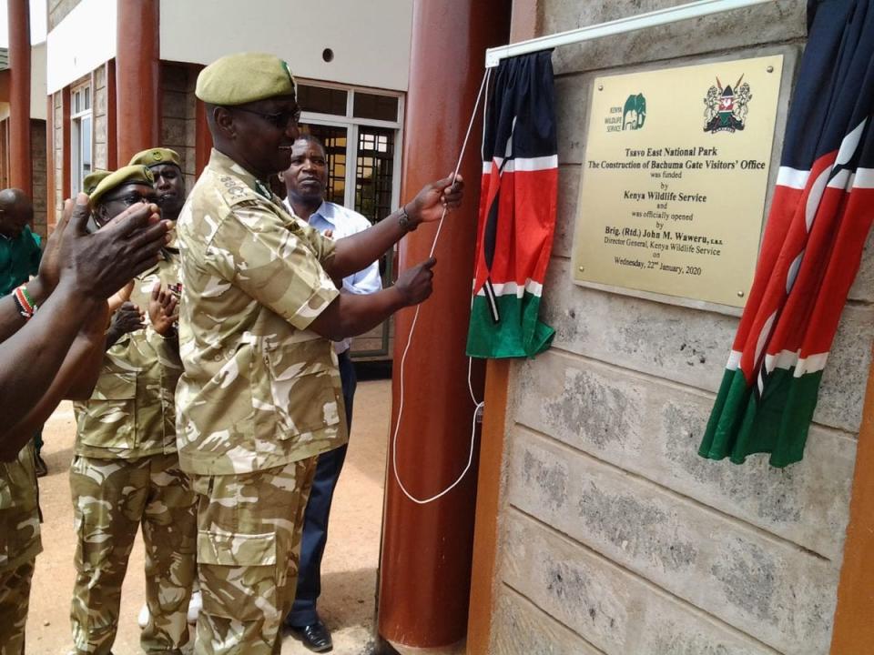 Kenya Wildlife Service Director General Brigadier John Waweru officially opens Bachuma Gate Visitor's office in Tsavo East National ParkKWS