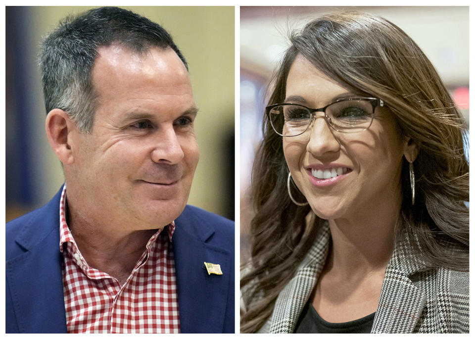 This combo image shows Democratic candidate for Colorado's 3rd Congressional District Adam Frisch, left, and U.S. Rep. Lauren Boebert, R-Colo., right. Frisch and Boebert are running for Colorado’s U.S. House seat in District 3. (AP Photo, File)