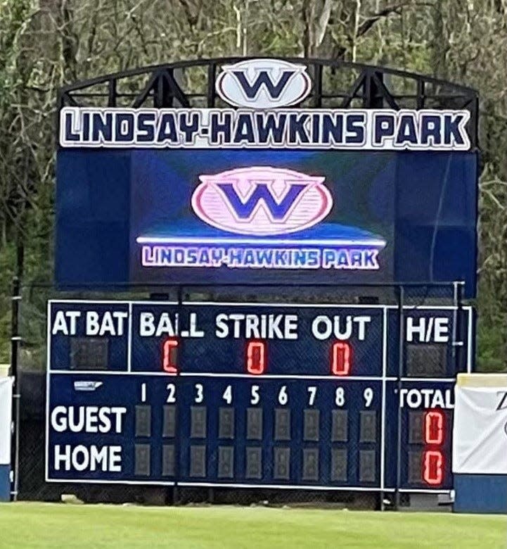 The new video scoreboard at West HIgh’s Lindsay-Hawkins Park is shown on April 2, 2022.