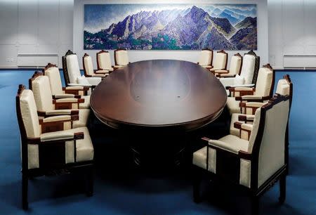 A general view shows the interior of the Peace House, the venue for the inter-Korean summit, at the truce village of Panmunjom inside the demilitarized zone separating the two Koreas, South Korea, April 25, 2018. Yonhap via REUTERS