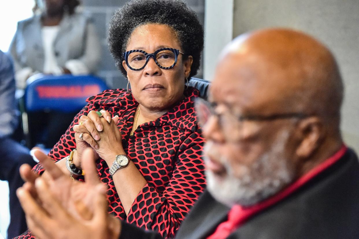 Marcia L. Fudge, U.S. Secretary of Housing and Urban Development, looks on as U.S. Rep. Bennie Thompson speaks on ownership and asset building for Historically Black Colleges and Universities (HBCU) at Tougaloo College in Jackson, Miss., Wednesday, August 17, 2022.