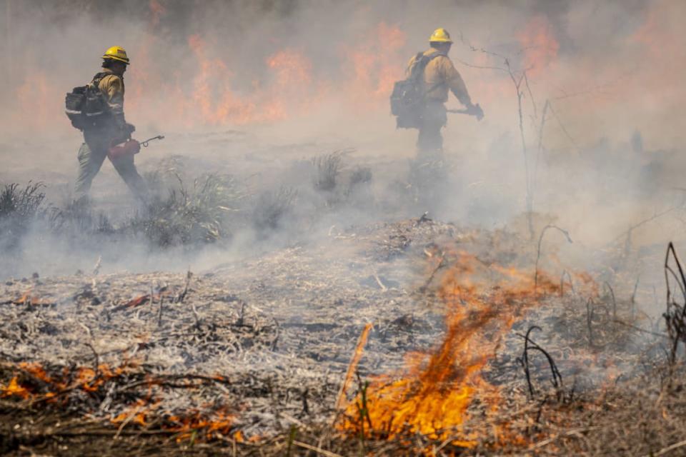 <div class="inline-image__caption"><p>Volunteer firefighters practice with a live burn during a wildfire training course on May 8, 2021 in Brewster, Washington. </p></div> <div class="inline-image__credit">David Ryder/Getty</div>