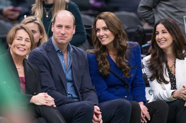 <p>Samir Hussein - Pool/WireImage</p> Prince William and Kate Middleton at the Boston Celtics game in 2022