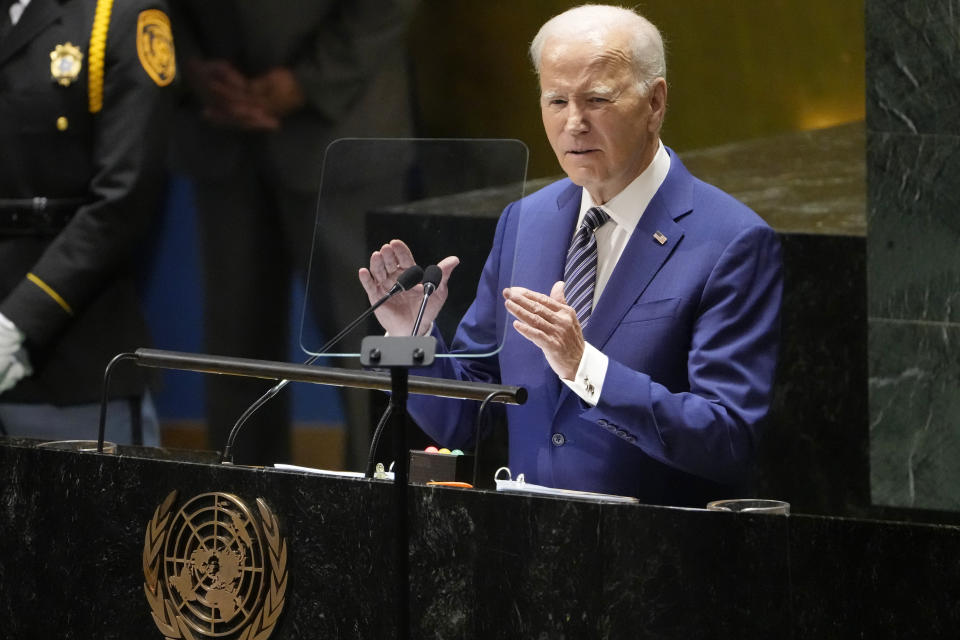 President Joe Biden addresses the 78th United Nations General Assembly in New York, Tuesday, Sept. 19, 2023. (AP Photo/Susan Walsh)