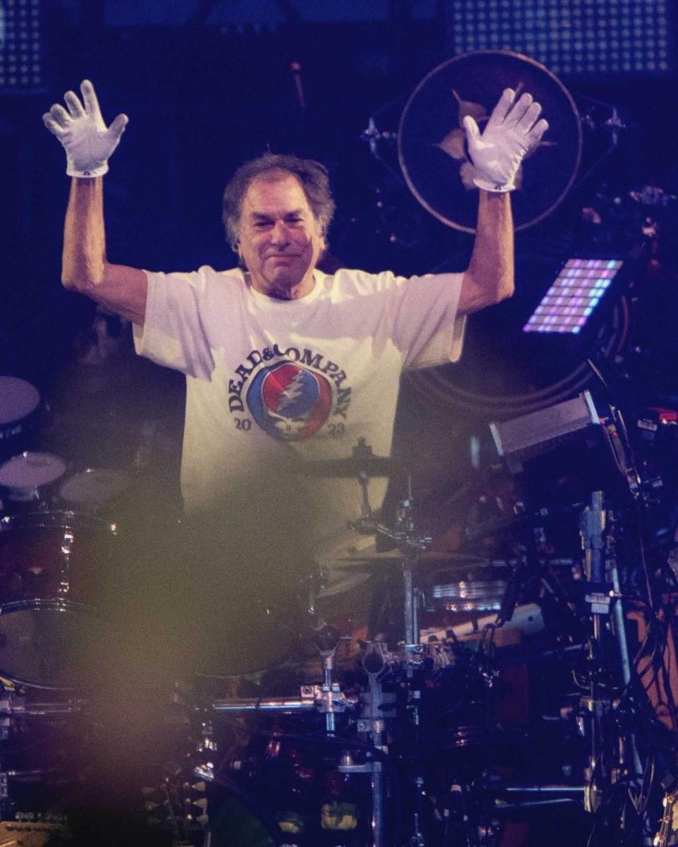 Mickey Hart of Dead & Company performs during its “Final Tour” at PNC Music Pavilion on Tuesday night.