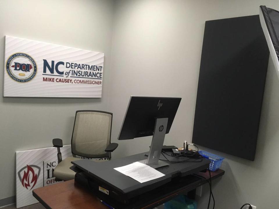 The state Insurance Department’s regional office in Archdale is 20 miles from Commissioner Mike Causey’s home, and has a small studio for him to do media interviews via the Internet.