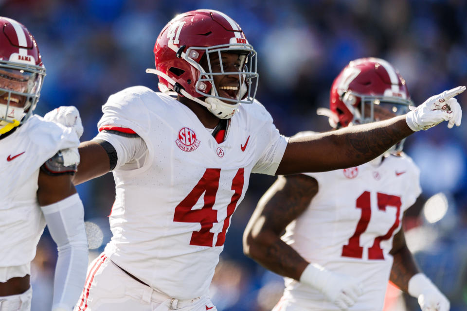 Nov 11, 2023; Lexington, Kentucky, USA; Alabama Crimson Tide linebacker Chris Braswell (41) celebrates after a Kentucky Wildcats fumble during the first quarter at Kroger Field. Mandatory Credit: Jordan Prather-USA TODAY Sports