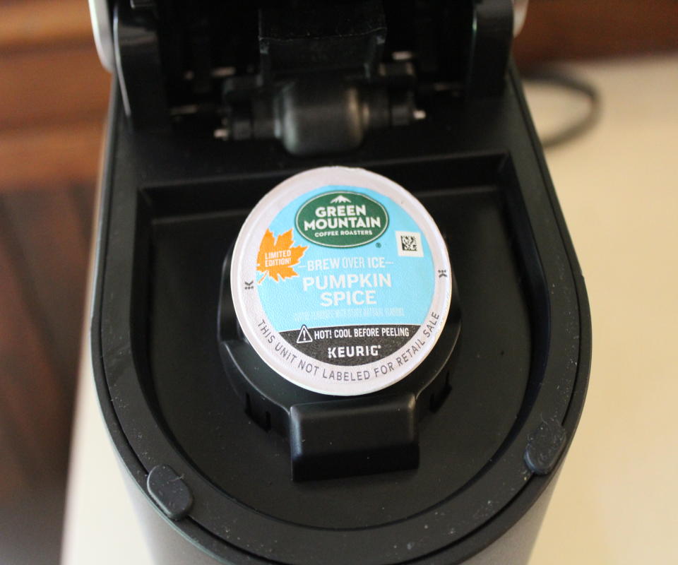 An iced-coffee K-Cup in the Keurig K-Supreme SMART Coffee Maker