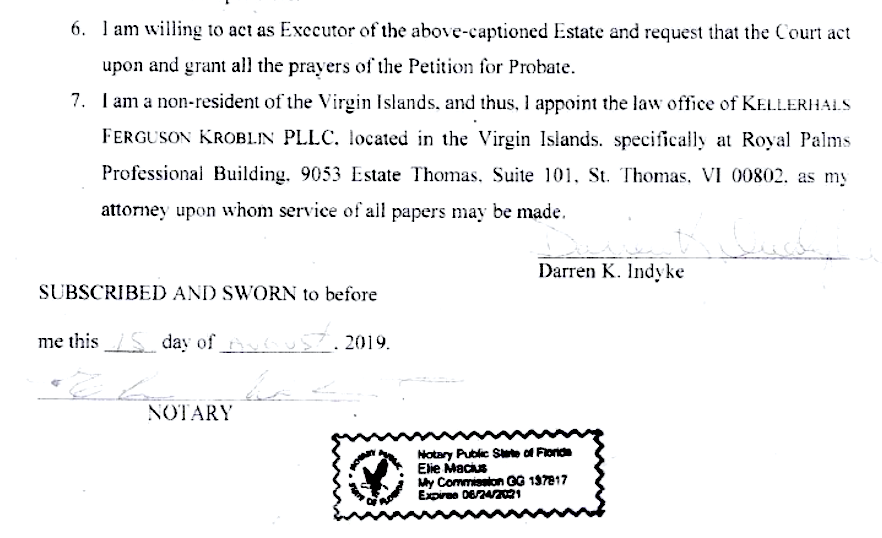 El testamento de Epstein está firmado por Darren K. Indyke. (Fuente: Última voluntad y testamento de Jeffrey E. Epstein)