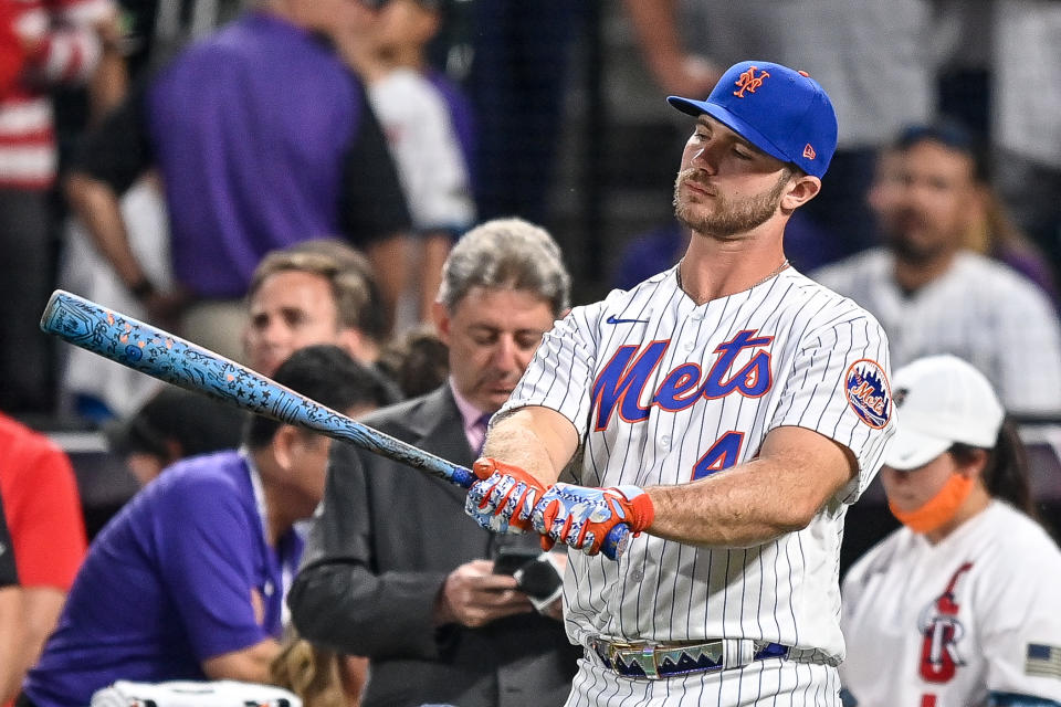 Pete Alonso of the New York Mets is going for his third Home Run Derby title in a row. (Photo by Dustin Bradford/Getty Images)