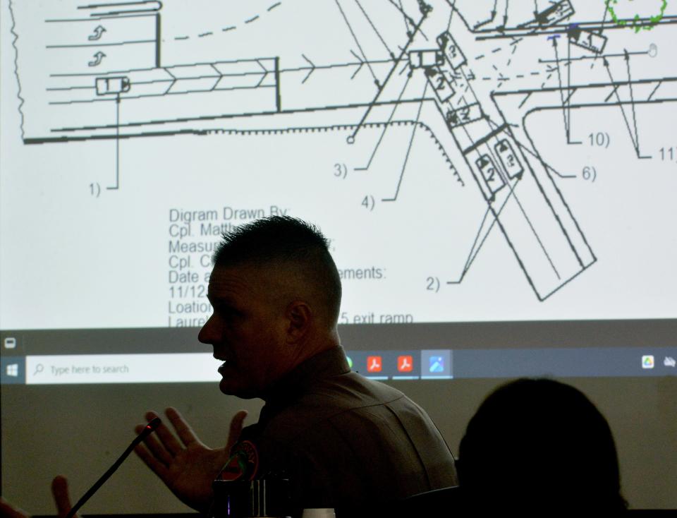 Cpl. Matthew Sill, a traffic homicide investigator with the Florida Highway Patrol, describes a diagram he created of a crash scene during the trial of Robert Knowlton on Wednesday, Jan. 24, 2024 at the Judge Lynn N. Silvertooth Judicial Center in Sarasota.