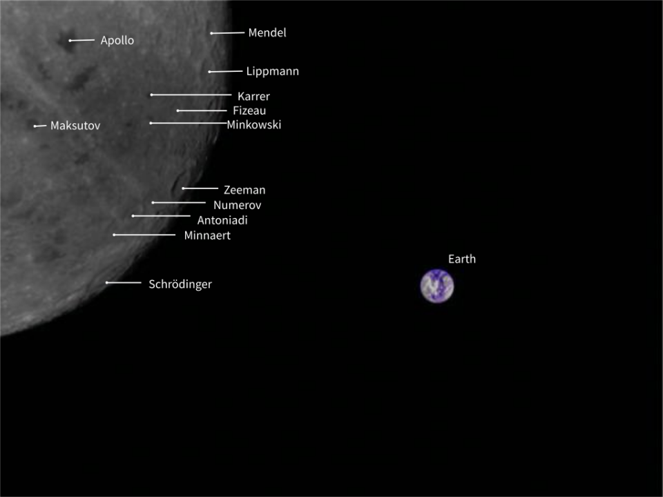 An annotated image from China's Longjiang-2 microsatellite shows the names of the craters on the far side of the moon. <cite>MingChuan Wei/Harbin Institute of Technology/Tammo Jan Dijkema/CAMRAS/DK5LA</cite>