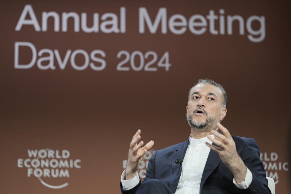 Iran's Foreign Minister Hossein Amir-Abdollahian gestures during a discussion at the Annual Meeting of World Economic Forum in Davos, Switzerland, Wednesday, Jan. 17, 2024. The annual meeting of the World Economic Forum is taking place in Davos from Jan. 15 until Jan. 19, 2024.(AP Photo/Markus Schreiber)