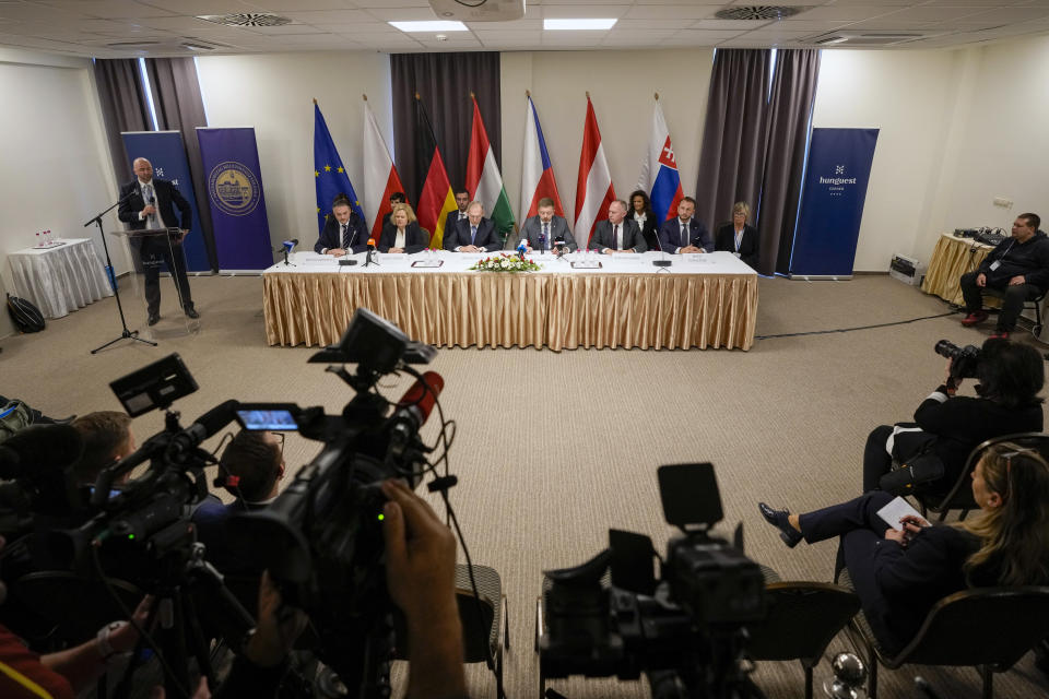 Interior Ministers of from left: Poland Bartosz Grodecki, Germany Nancy Faeser, Hungary Sandor Pinter, Czech Republic Vit Rakusan, Austria Gerhard Karner and Slovakia Matus Sutaj Estok attend a press conference after meeting in Szeged, Hungary, Monday, Nov. 27, 2023. A summit of interior ministers from six European Union countries on Monday said their nations had agreed to step up efforts to protect the bloc from illegal immigration and tackle groups of human smugglers that operate on its borders. (AP Photo/Darko Vojinovic)