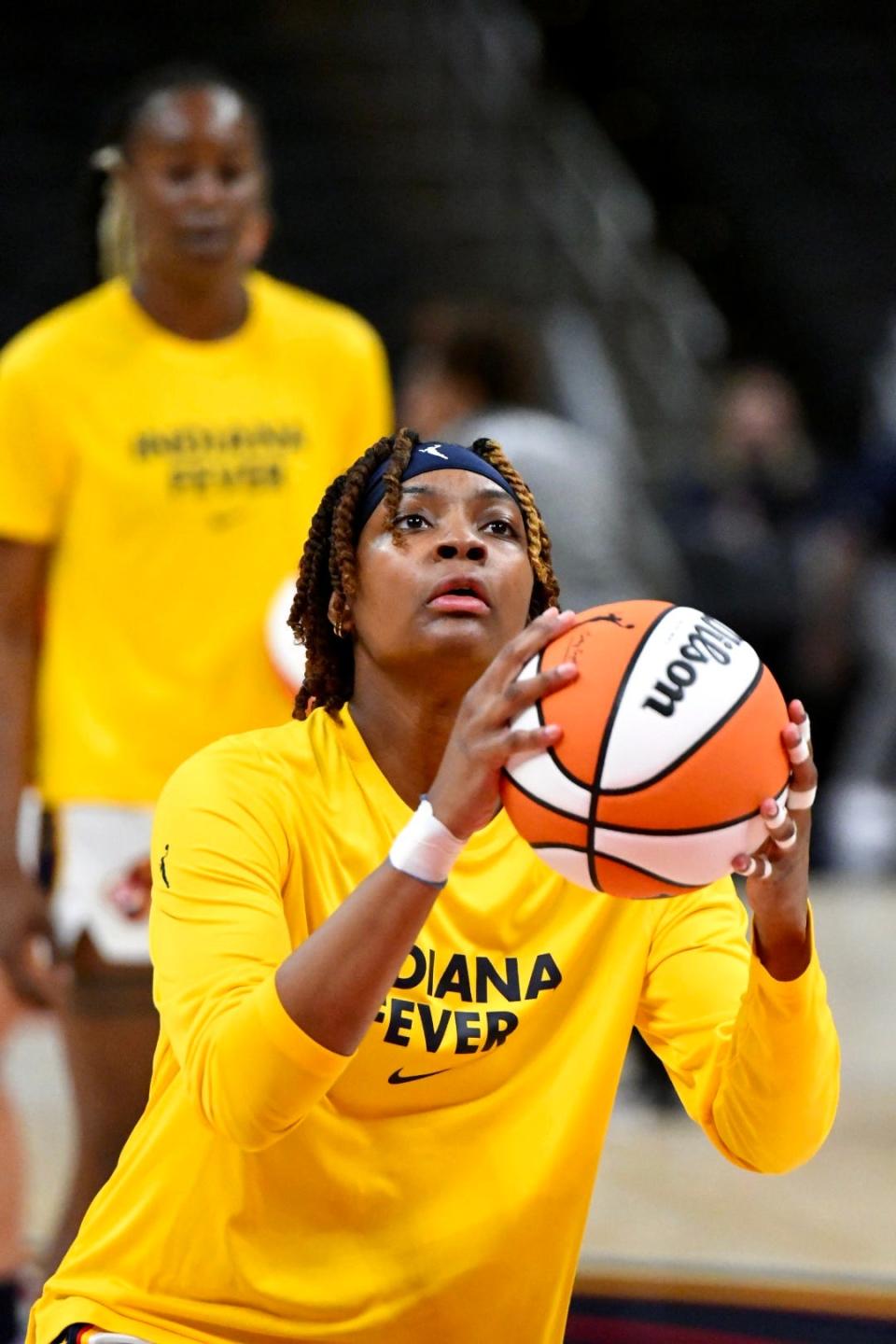 Indiana's NaLyssa Smith shoots during warmups as the Indiana Fever host the Chicago Sky in a preseason game at Gainbridge Fieldhouse in Indianapolis on April 30, 2022.