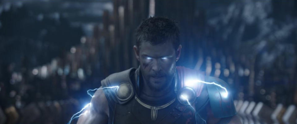 Electric Thor in <i>Ragnarok</i> can harness his powers even without Mjolnir; the trailer version (shown here) is altered from the film, where Thor is missing an eye. (Photo: Marvel Studios)