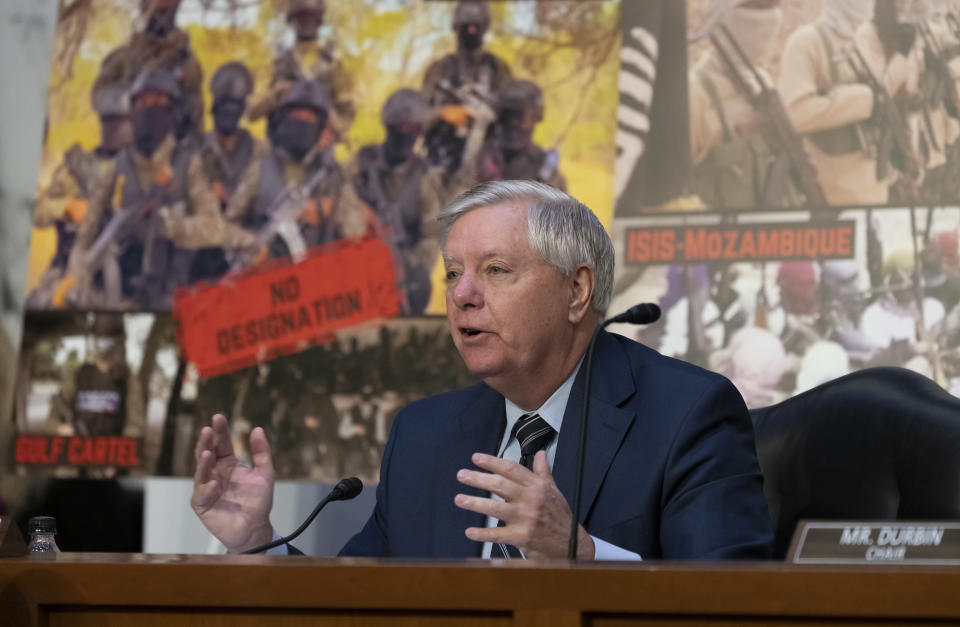 Sen. Lindsey Graham, R-S.C., questions Attorney General Merrick Garland as the Senate Judiciary Committee examines the Department of Justice, at the Capitol in Washington, Wednesday, March 1, 2023. (AP Photo/J. Scott Applewhite)