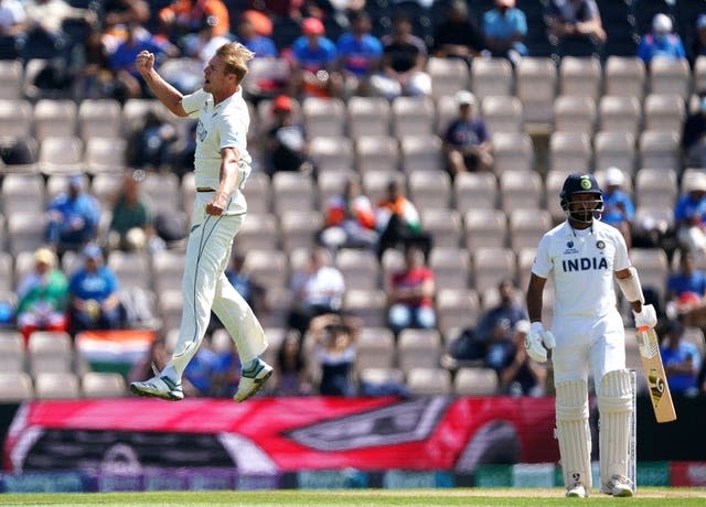 Kyle Jamieson celebrates dismissing Cheteshwar Pujara 