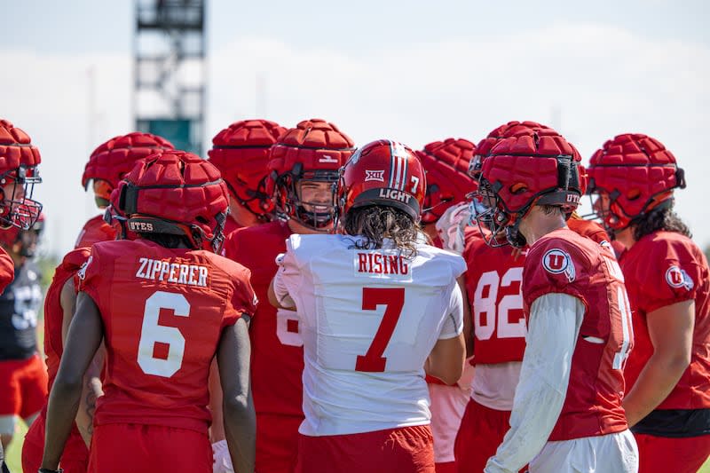 Cam Rising huddles up the offense during practice at the University of Utah practice facility in Salt Lake City. | Utah Athletics