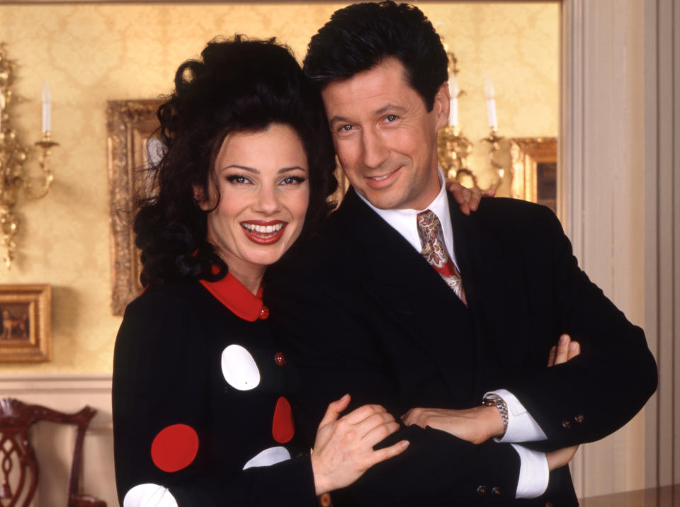 Fran Drescher, as Fran Fine, and Charles Shaughnessy, as Maxwell Sheffield, in the sitcom The Nanny. 