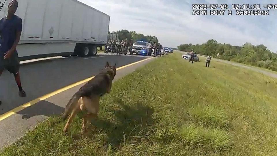 PHOTO: Police bodycam screengrab shows a few moments before Jadarrius Rose was attacked by an Ohio K-9 dog on July 4, 2023, after attempting to surrender to police with his hands up following a highway chase. (Circleville Police Department)