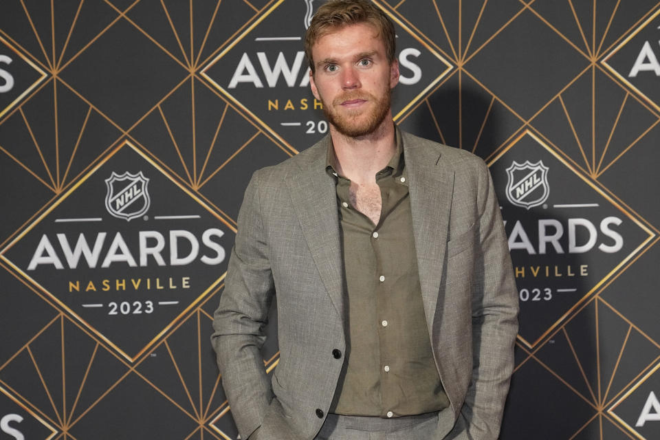 Edmonton Oilers hockey player Connor McDavid poses on the red carpet before the NHL Awards, Monday, June 26, 2023, in Nashville, Tenn. (AP Photo/George Walker IV)