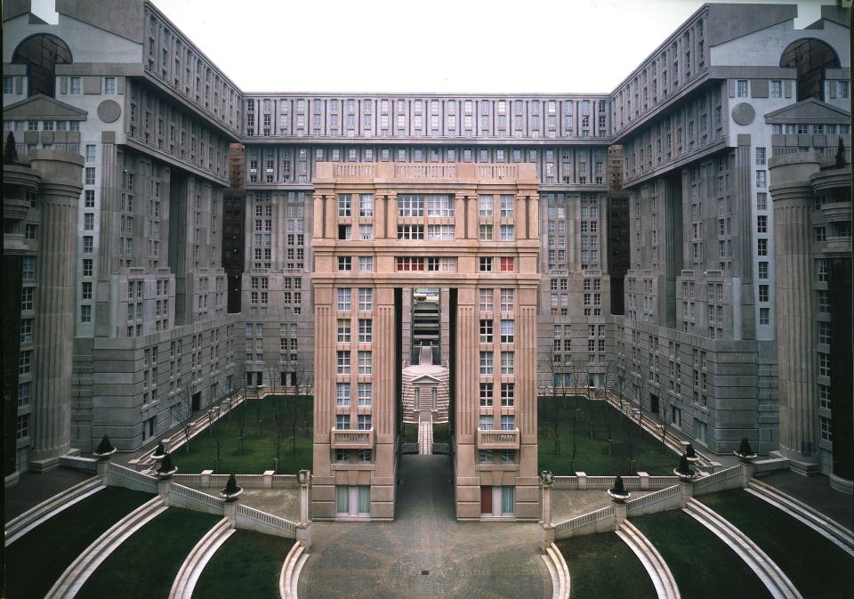 The imposing Les Espaces D’Abraxas high-density housing complex in Marne-la-Vallée, France, features both classical and postmodern elements. It was built in 1982.