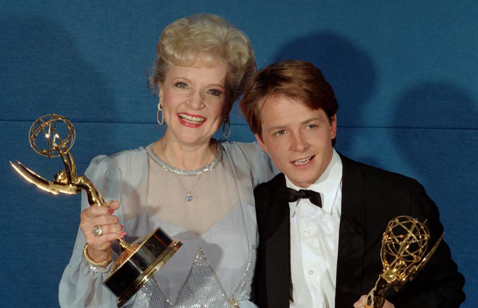 Betty White and Michael J. Fox backstage at the Emmy Awards Show, September 21, 1986