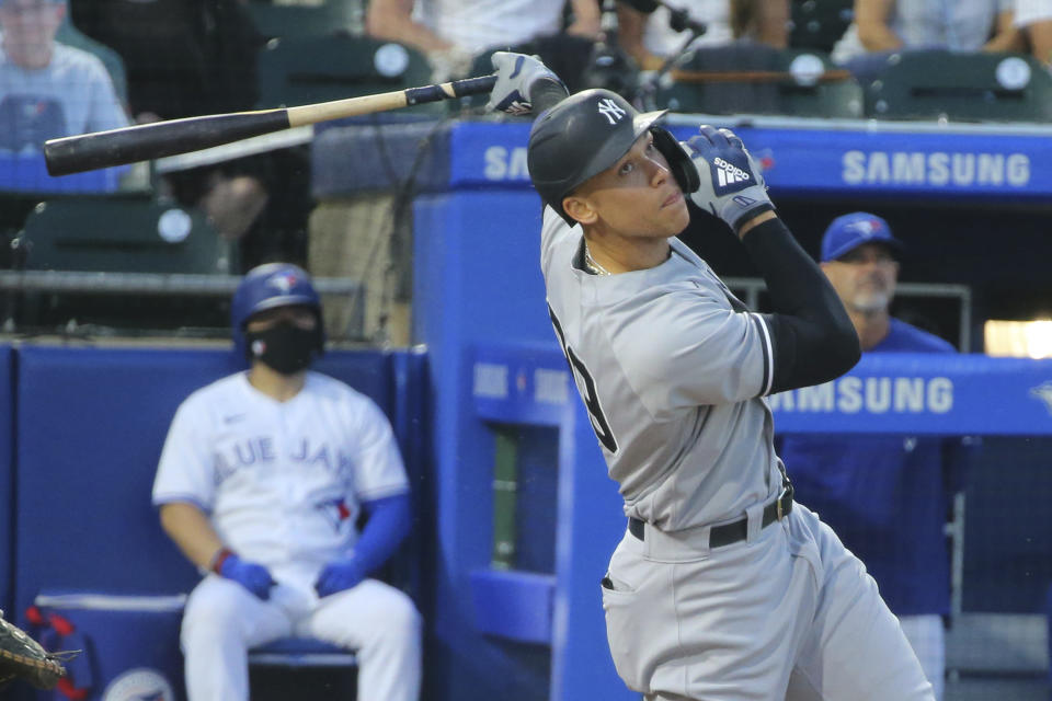 New York Yankees Aaron Judge hits a foul ball during the fifth inning of a baseball game against the Toronto Blue Jays, Tuesday, June 15, 2021, in Buffalo, N.Y. (AP Photo/Jeffrey T. Barnes)