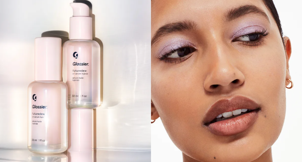 glossier futuredew serum and model closeup with purple eyeshadow and lipstick