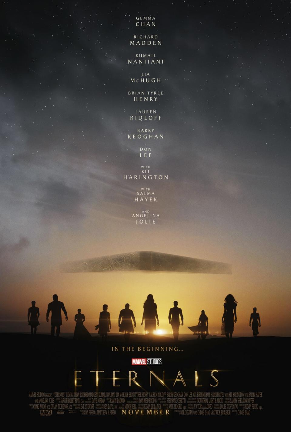 Silhouettes of the Eternals team beneath an alien spaceship in a starry sky.