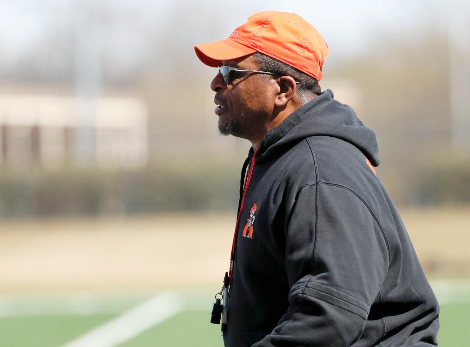 Oklahoma State defensive line coach is pictured during an Oklahoma State University Cowboys spring football practice in Stillwater, Okla., Tuesday, March 26, 2024.