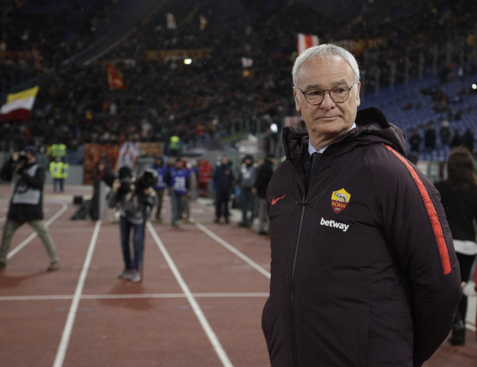 New Roma coach Claudio Ranieri enters the field prior to an Italian Serie A soccer match between Roma and Empoli, at the Olympic stadium in Rome, Monday, March 11, 2019. (AP Photo/Gregorio Borgia)