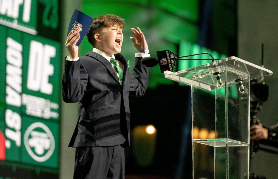 Make-A-Wish recipient Kyle Stickles announces the New York Jets 15th overall pick of Iowa State edge Will McDonald IV during the NFL Draft outside of Union Station on Thursday, April 27, 2023, in Kansas City.