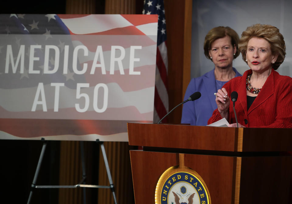 WASHINGTON, DC - FEBRUARY 13: Sen. Debbie Stabenow (D-MI) (R) and Sen. Tammy Baldwin (D-WI) participate in a news conference to announce legislation giving people between the ages of 50 and 64 the option of buying into Medicare on February 13, 2019 in Washington, DC. (Photo by Mark Wilson/Getty Images)