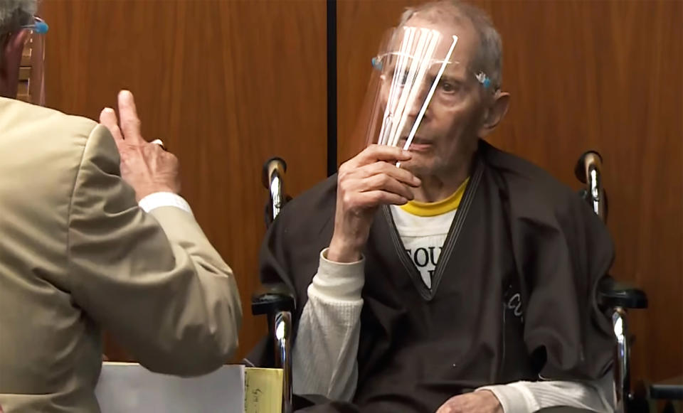 In this still image taken from the Law & Crime Network court video, real estate heir Robert Durst asks if he can remove his face mask during his murder trial on Monday, Aug. 9, 2021, in Los Angeles County Superior Court in Inglewood, Calif. (Law & Crime Network via AP, Pool)