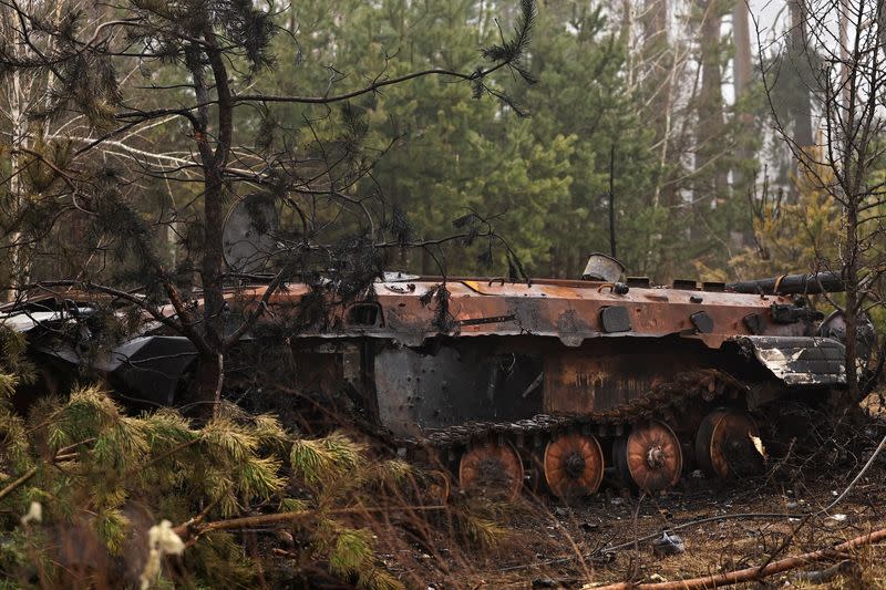 FILE PHOTO: A view of destroyed Russian tank, in Dmytrivka village