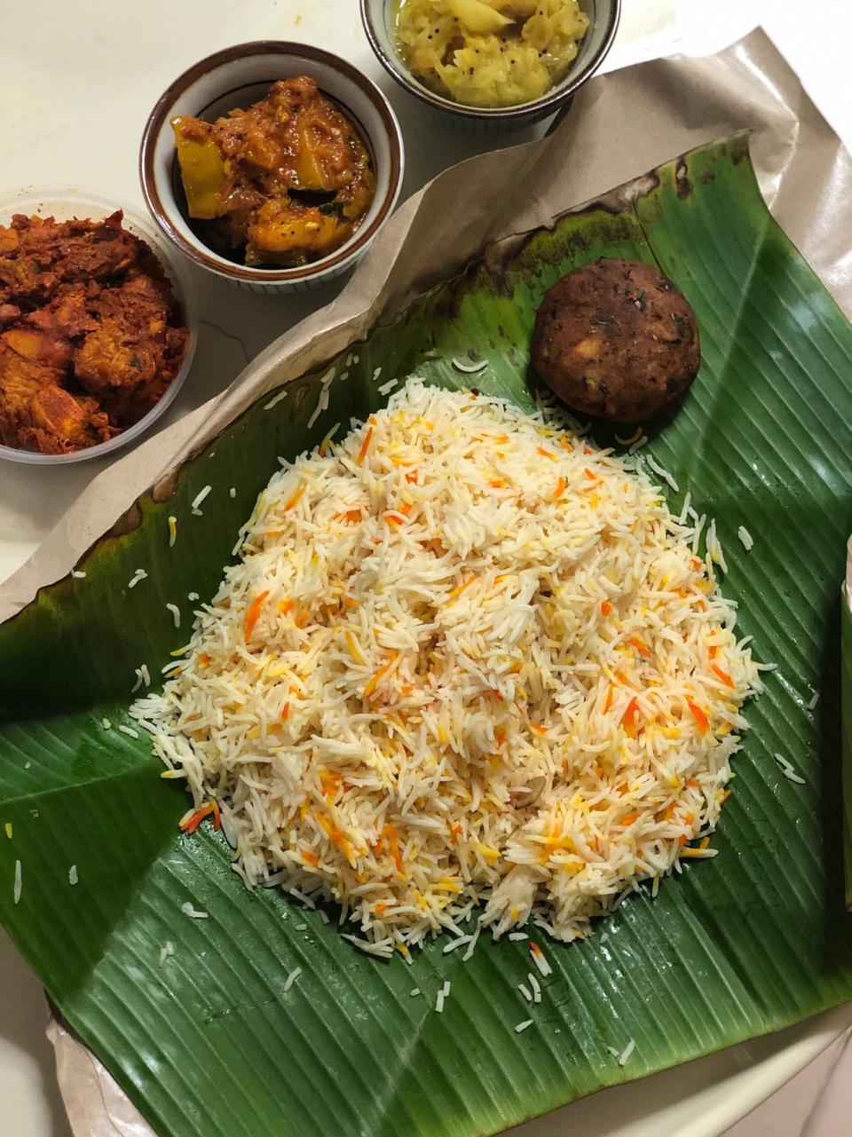 Image of briyani on banana leaf