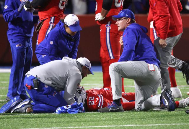 Buffalo Bills' Damien Harris was removed from the field on a gurney during New  York Giants game