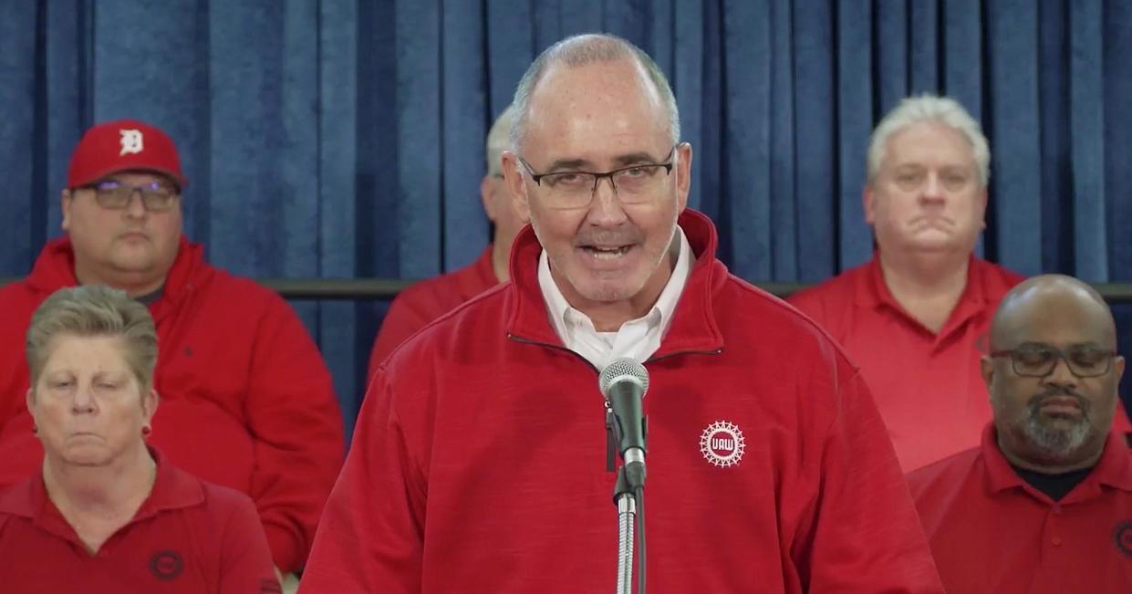 In the frame capture from video, UAW President Shawn Fain gives an update on the details of the tentative agreement the UAW announced with Stellantis during a Facebook Live event on Thursday, November 2, 2023.