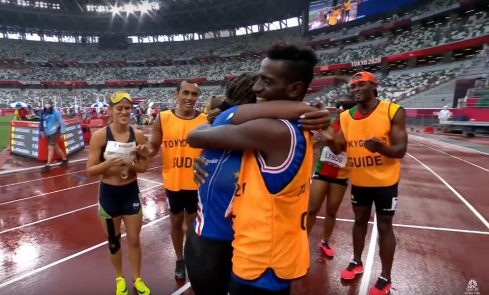 After a women's 200m T11 qualifying heat, guide Manuel Antonio Vaz da Veiga of Cape Verde proposed to the athlete that he partners, Keula Nidreia Pereira Semedo