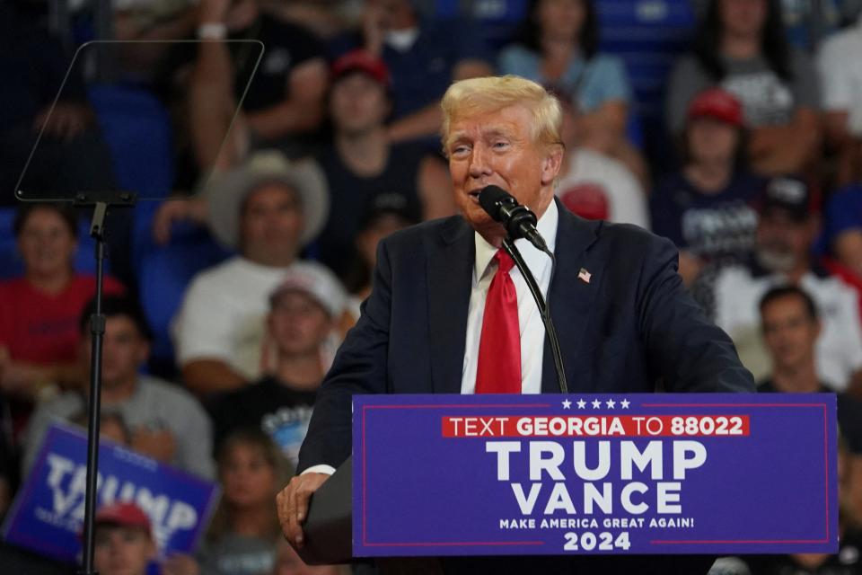 Republican presidential candidate and former US President Donald Trump speaks during a campaign rally held with his running mate Senator JD Vance in Atlanta, Georgia, US on August 3, 2024.