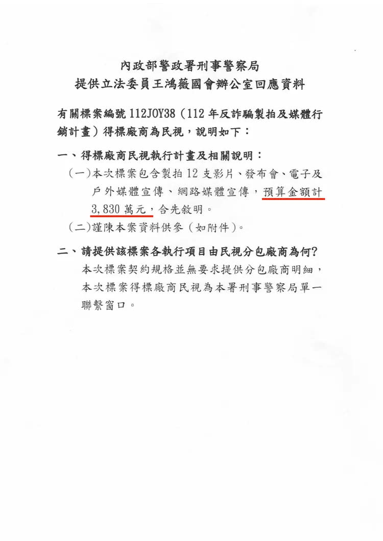 王鴻薇提供民視得標資料。王鴻薇提供