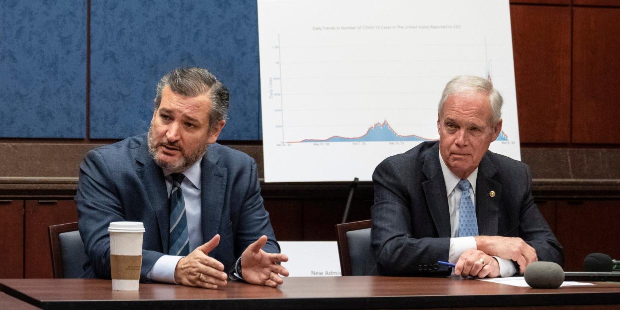 Republican Sens. Ted Cruz of Texas and Ron Johnson of Wisconsin at the Capitol on March 8, 2022.