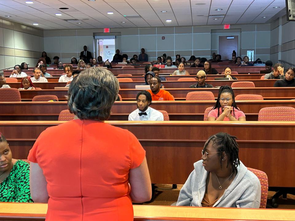 Rep. Jennifer McClellan, D-Virginia, listens to questions from business students Wednesday, Aug. 30, 2023, at Virginia State University in Ettrick.