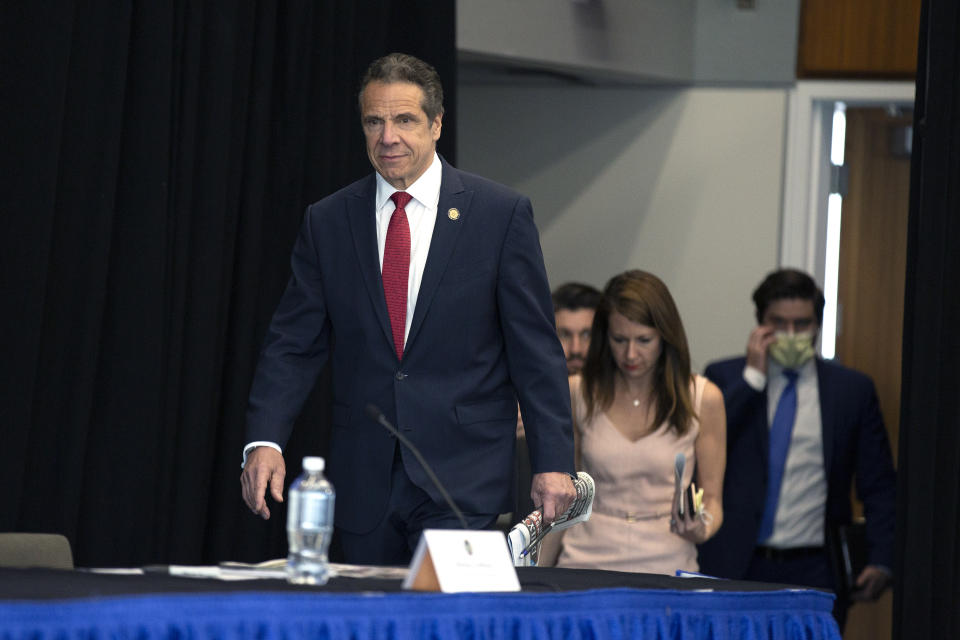 SYRACUSE, NY - APRIL 28:  New York State Governor Andrew Cuomo arrives to his daily Coronavirus press briefing at SUNY Upstate Medical University on April 28, 2020 in Syracuse, New York.  Cuomo detailed guidelines to reopening parts of New York State around May 15, 2020.  (Photo by Stefani Reynolds/Getty Images)